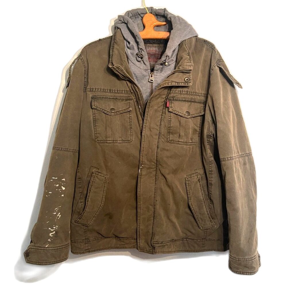 Vintage Levi's Jacket Sherpa Lined Hoodie Warm Work Coat Canvas Army Green Sz XL